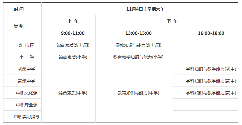 上海市2017年下半年中小學(xué)教師資格考試筆試日程安排表