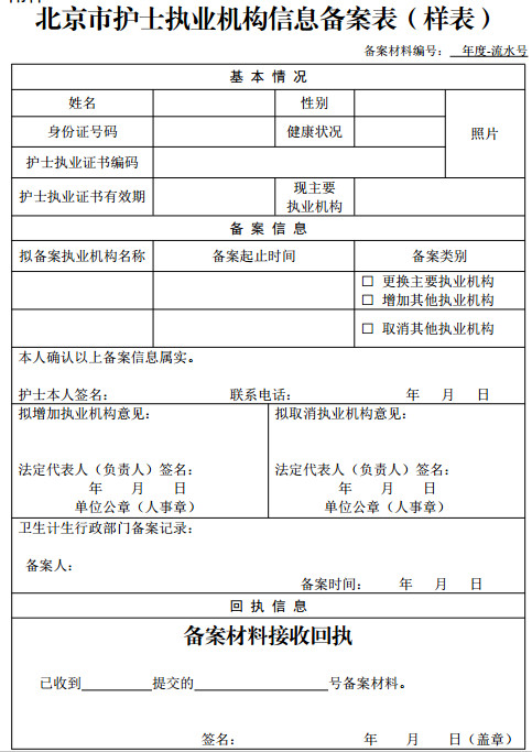 北京市護士執(zhí)業(yè)機構信息備案表（樣表）