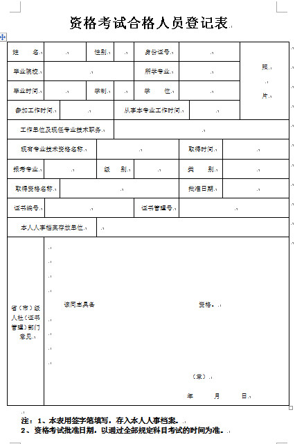 遼寧資格考試合格人員登記表