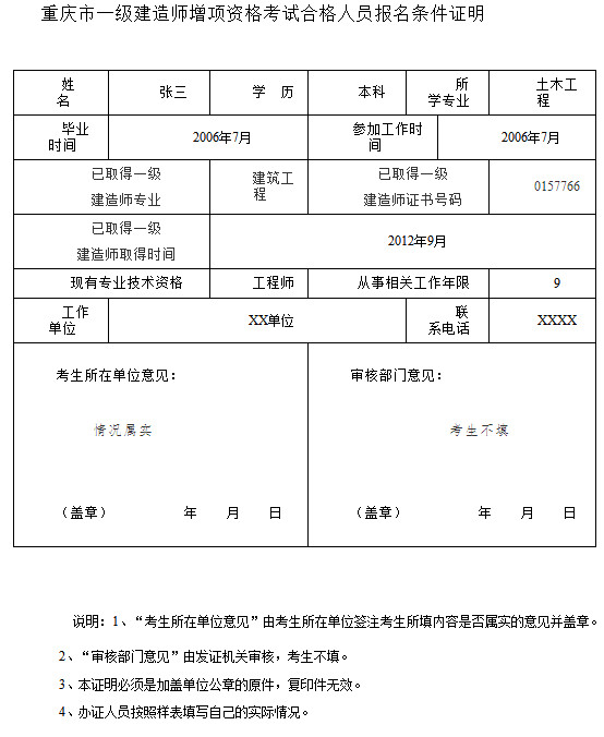 重慶市一級建造師增項資格考試合格人員報名條件證明