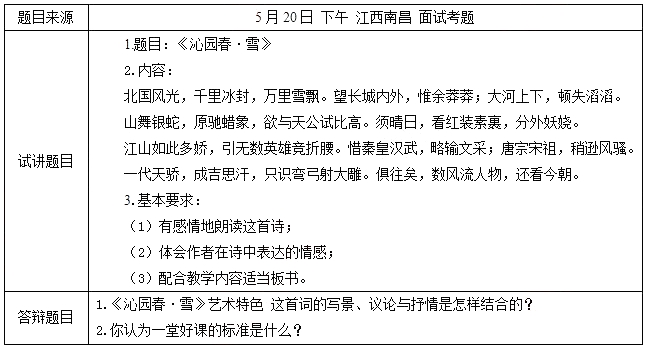 2018上半年初中語(yǔ)文教師資格面試真題及答案：《沁園春·雪》考題回顧