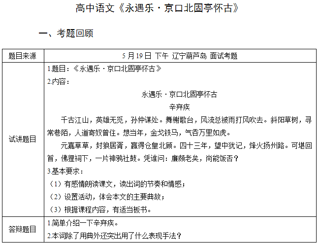 2018上半年小學(xué)語(yǔ)文教師資格面試真題：永遇樂(lè)·京口北固亭懷古考題回顧