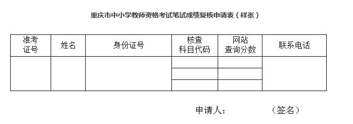 重慶市中小學教師資格考試筆試成績復核申請表